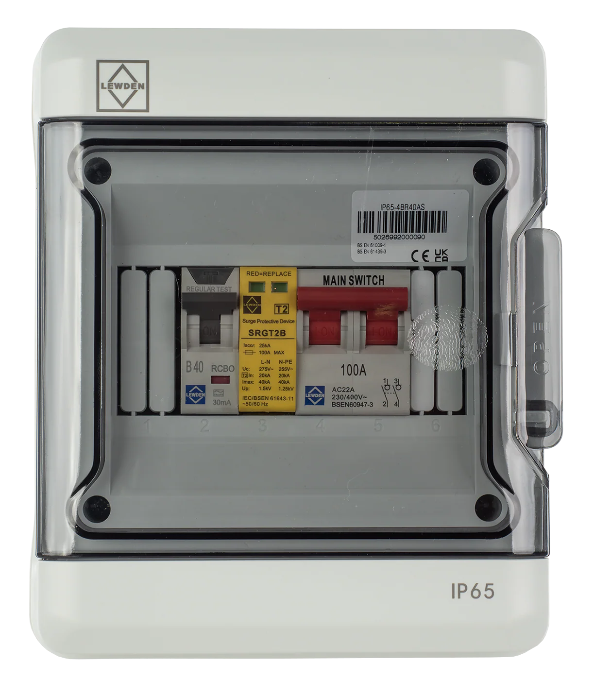 LEWDEN EV CONSUMER UNIT: TYPE A BI-DIRECTIONAL RCCB/RCBO | 40A | SPD | POLYCARBONATE IP65