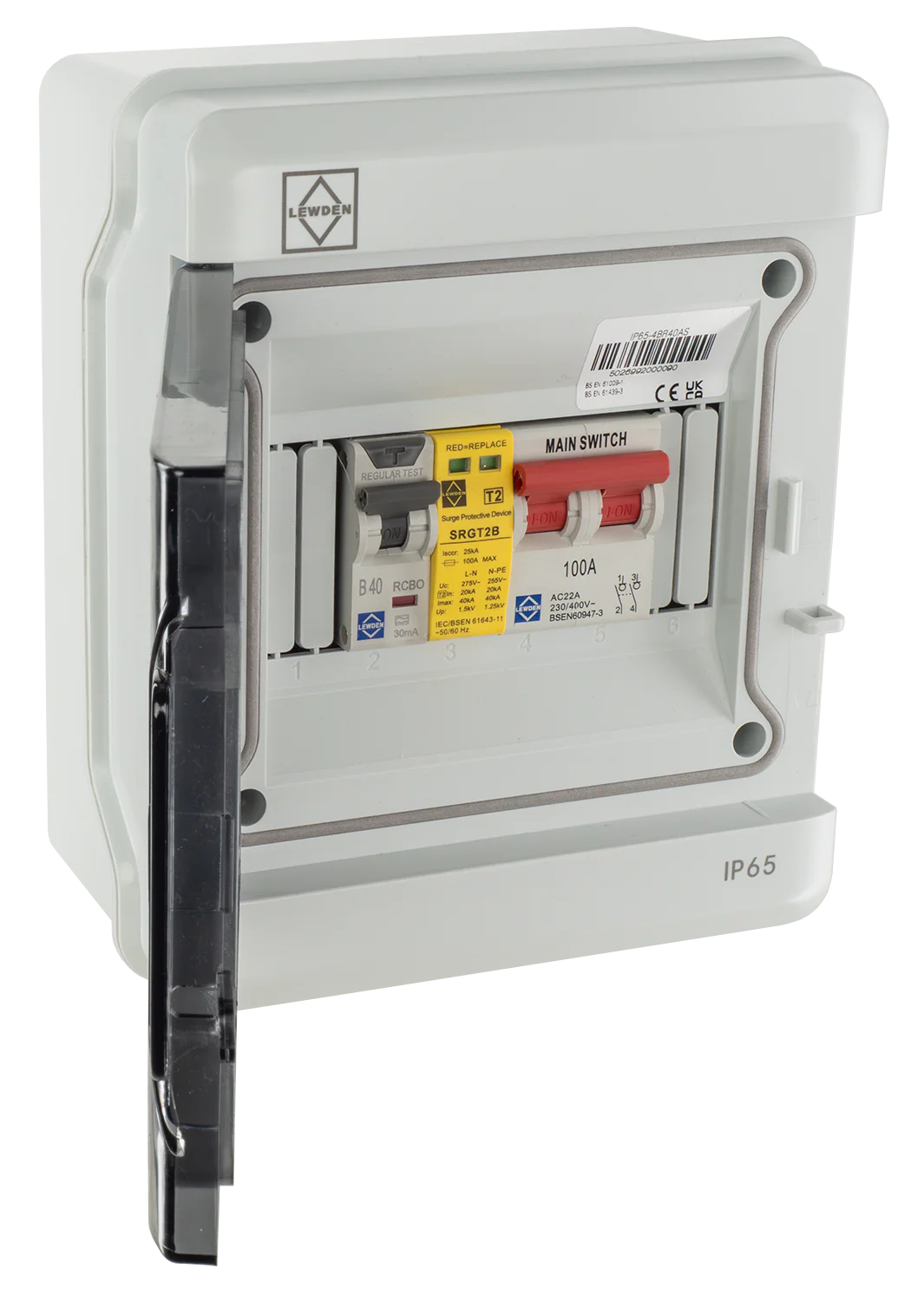 LEWDEN EV CONSUMER UNIT: TYPE A BI-DIRECTIONAL RCCB/RCBO | 40A | SPD | POLYCARBONATE IP65 - Image 2